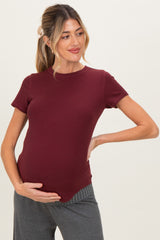 Burgundy Ribbed Short Sleeve Curved Hem Maternity Top