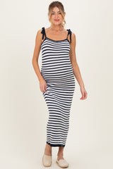 Navy Striped Knit Shoulder Tie Maternity Maxi Dress