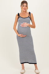 Navy Striped Knit Shoulder Tie Maternity Maxi Dress