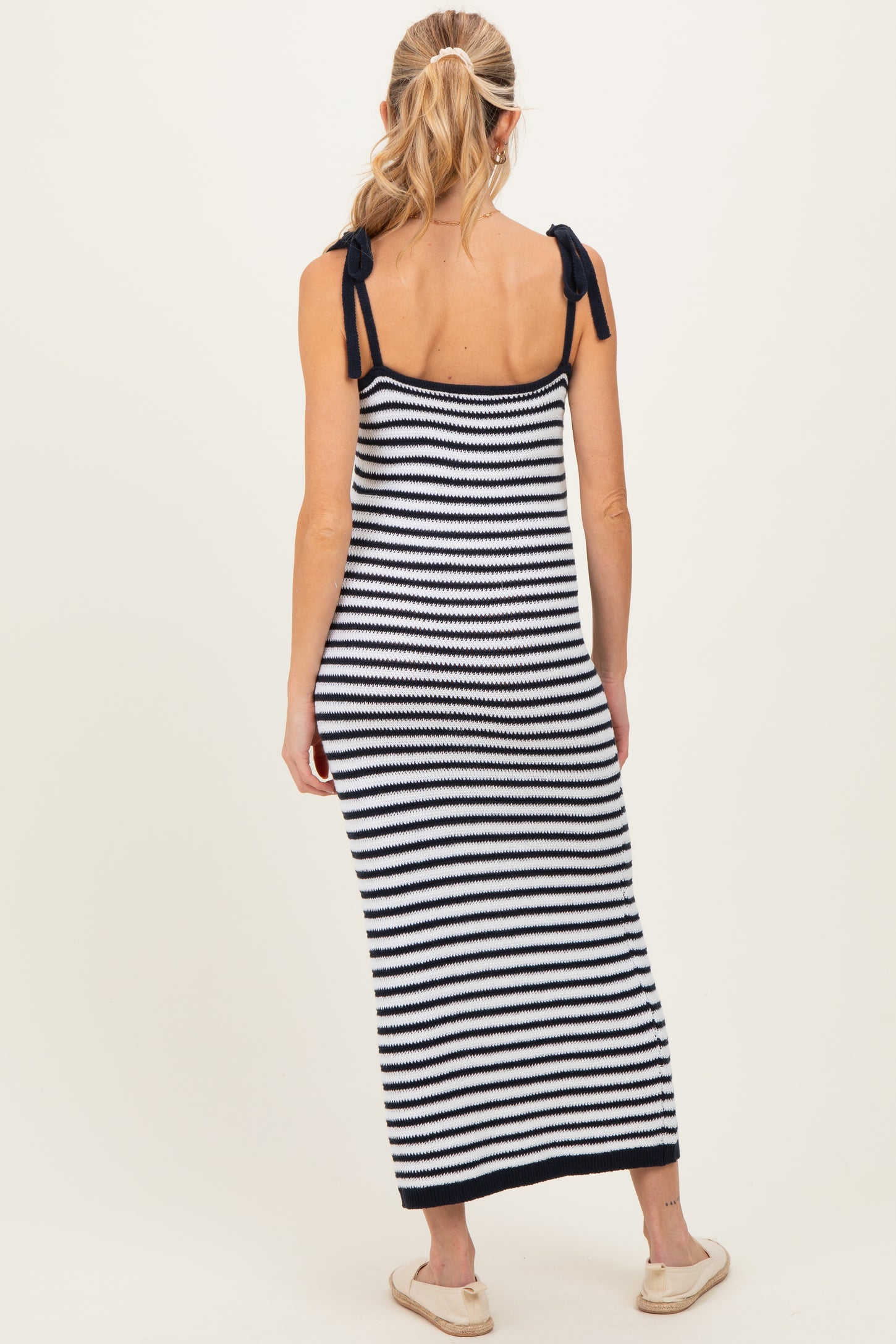 Navy Striped Knit Shoulder Tie Maternity Maxi Dress