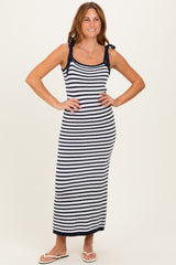 Navy Striped Knit Shoulder Tie Maternity Maxi Dress