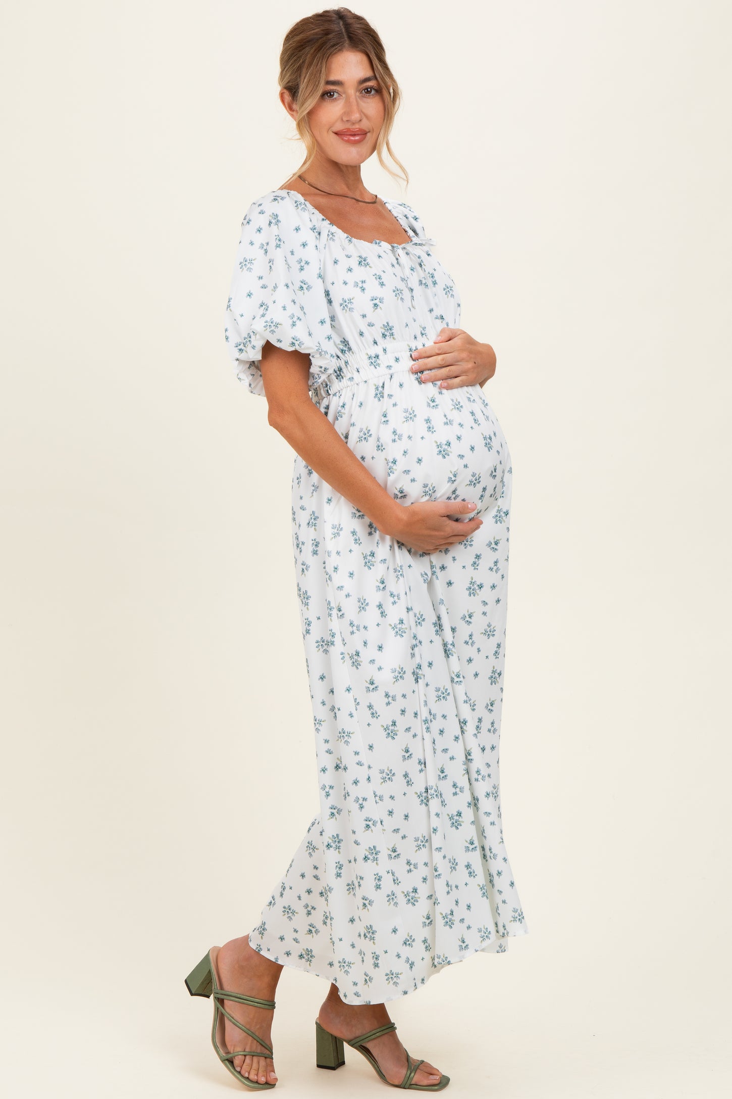 Ivory Floral Puff Sleeve Tie Front Maternity Midi Dress