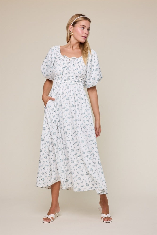 ivory floral midi dress Ivory Floral Puff Sleeve Tie Front Midi Dress