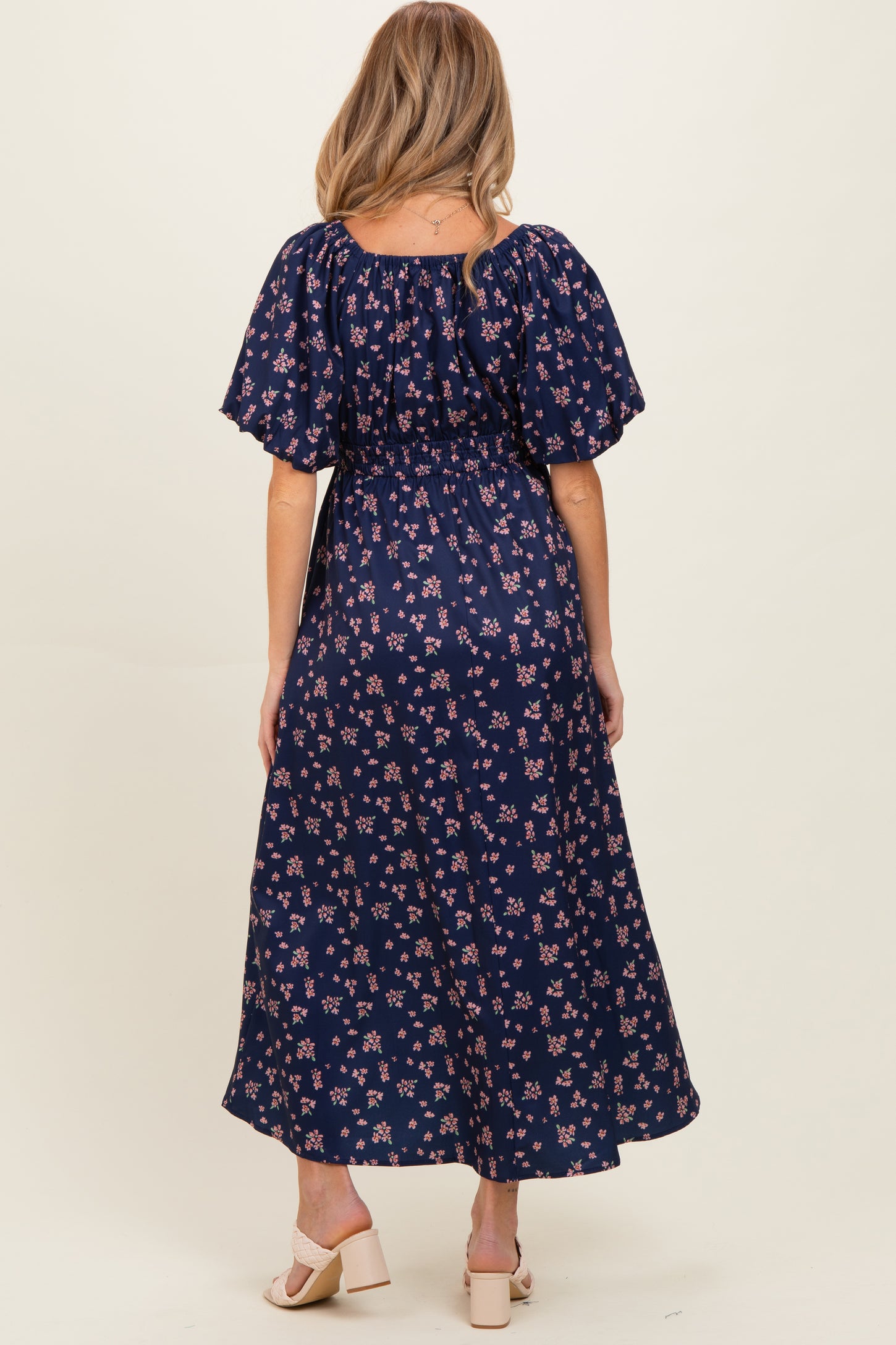 Navy Floral Puff Sleeve Tie Front Maternity Midi Dress
