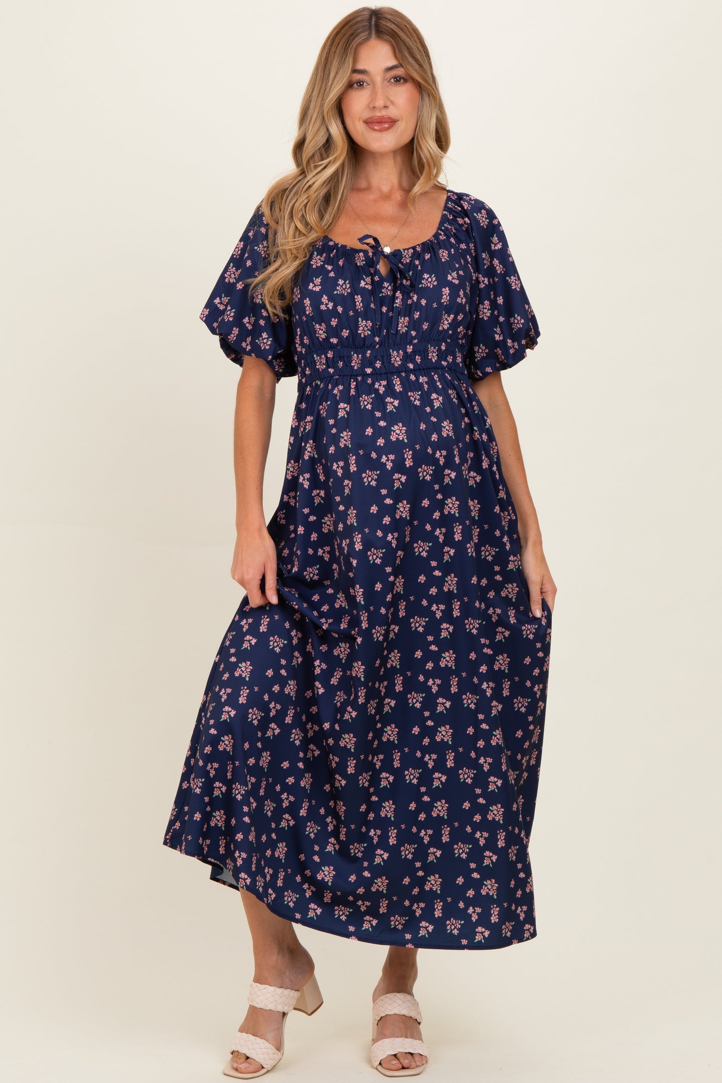 maternity floral midi dress Green Floral Front Tie Maternity Midi Dress Medium
