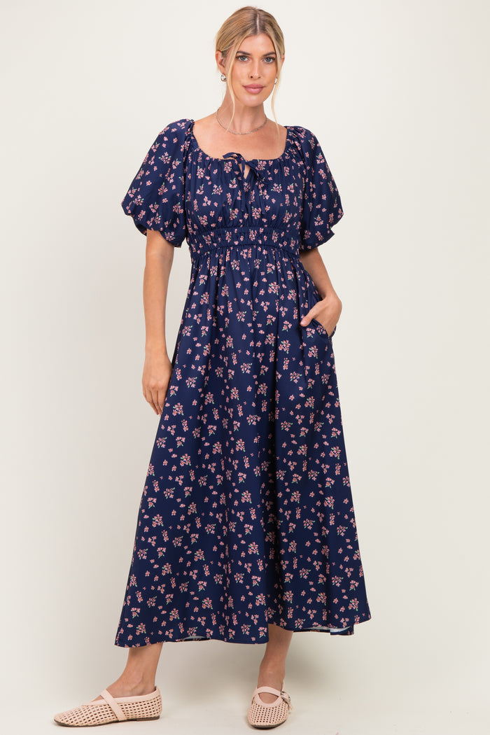 Navy Floral Puff Sleeve Tie Front Maternity Midi Dress