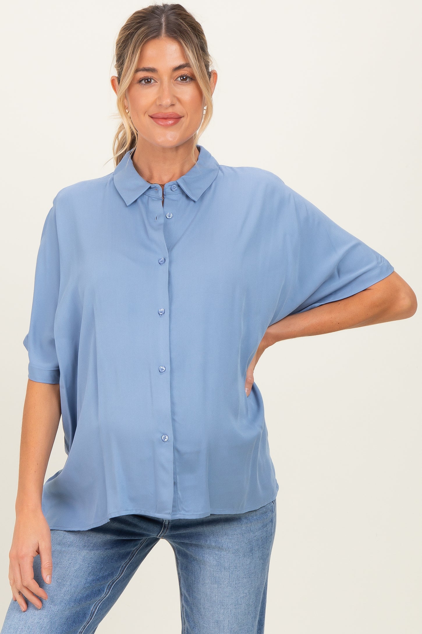 Light Blue Dolman Sleeve Button Down Maternity Blouse