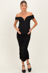 Black Glitter Ruched Off Shoulder Maternity Midi Dress