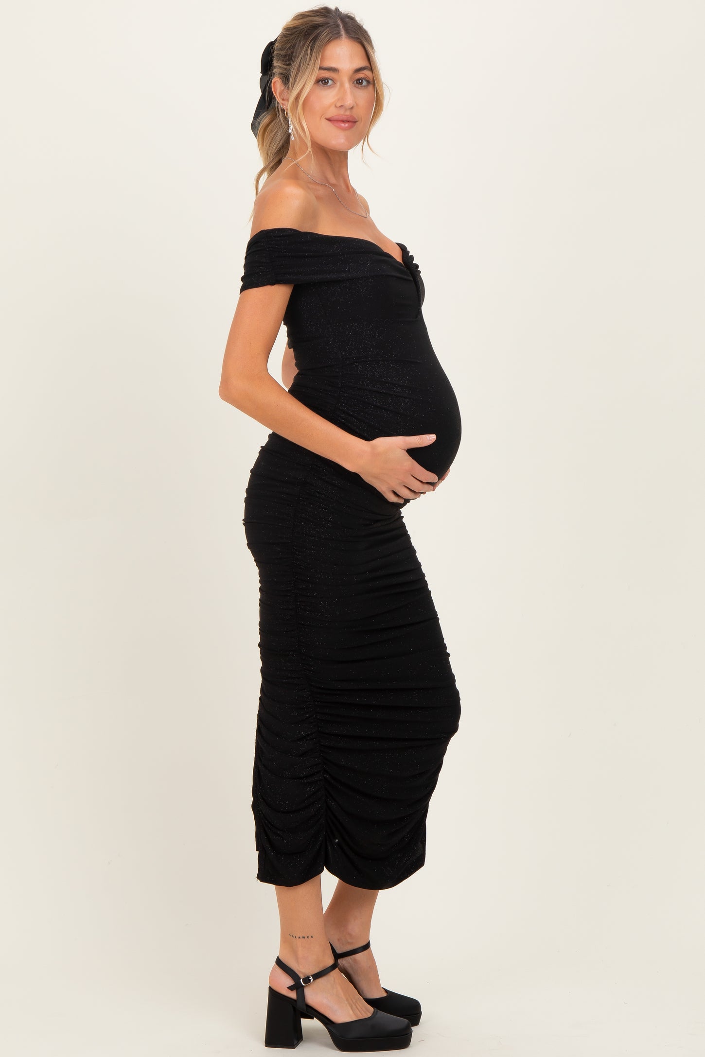 Black Glitter Ruched Off Shoulder Maternity Midi Dress