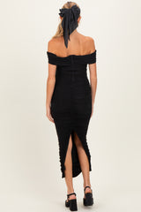 Black Glitter Ruched Off Shoulder Maternity Midi Dress