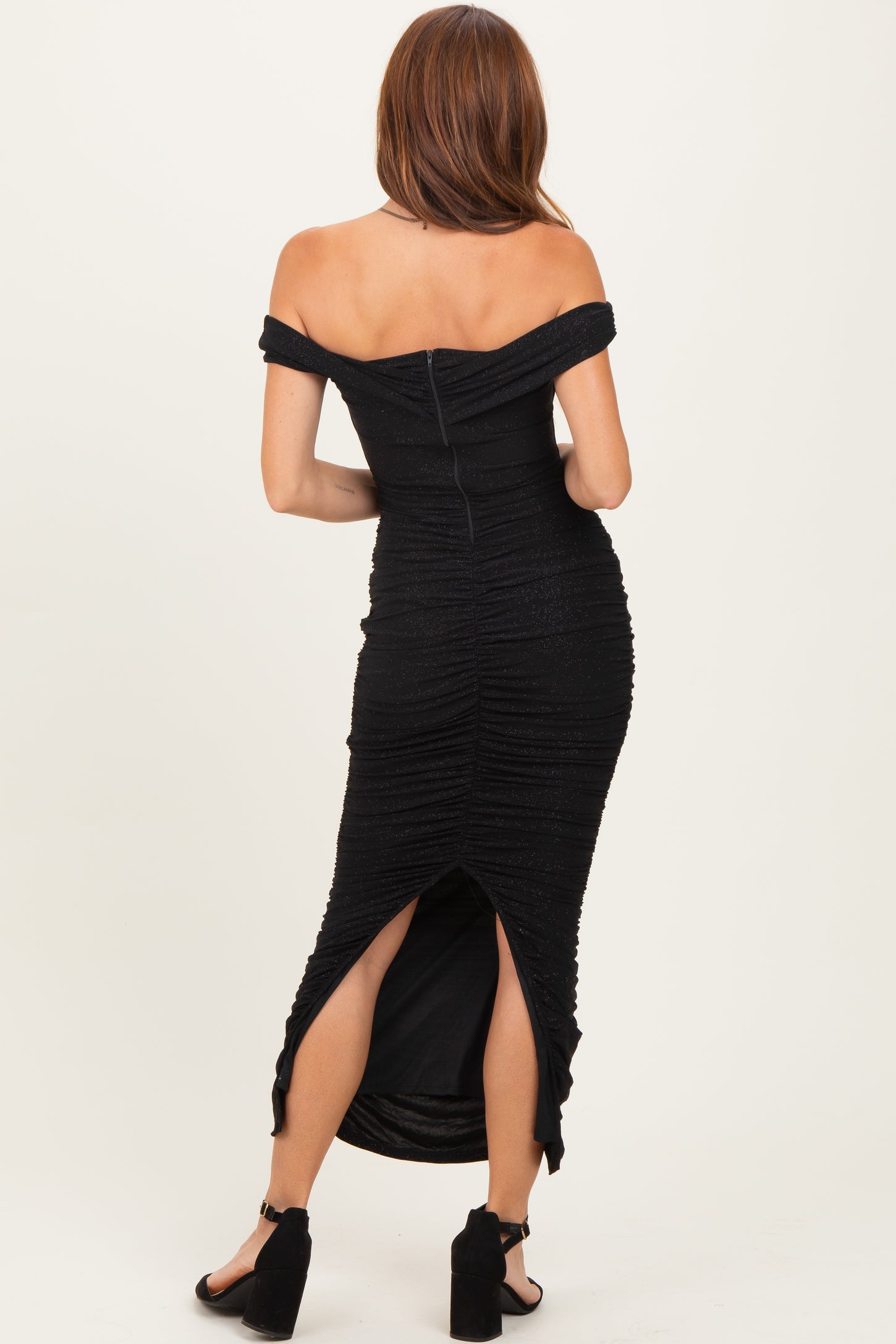 Black Glitter Ruched Off Shoulder Midi Dress
