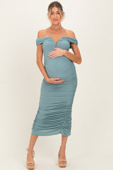 Light Olive Glitter Ruched Off Shoulder Maternity Midi Dress