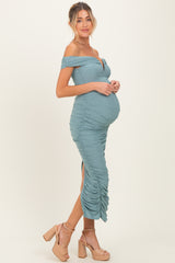 Light Olive Glitter Ruched Off Shoulder Maternity Midi Dress