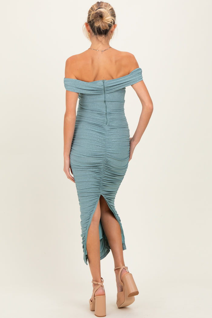 Light Olive Glitter Ruched Off Shoulder Maternity Midi Dress
