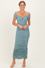 Light Olive Glitter Ruched Off Shoulder Midi Dress