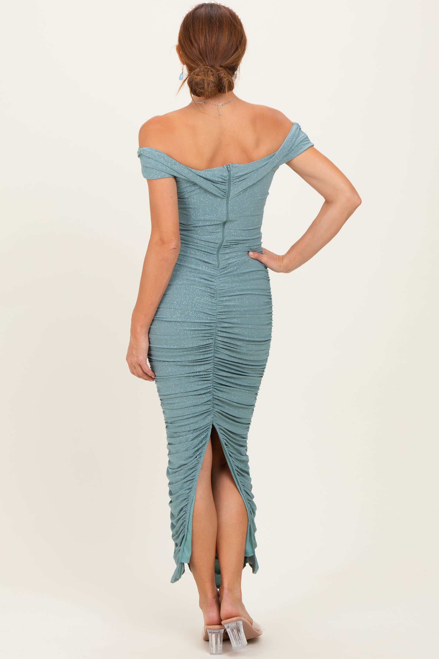 Light Olive Glitter Ruched Off Shoulder Midi Dress