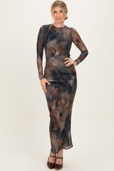 Brown Mesh Multicolor Brush Stroke Print Maternity Maxi Dress