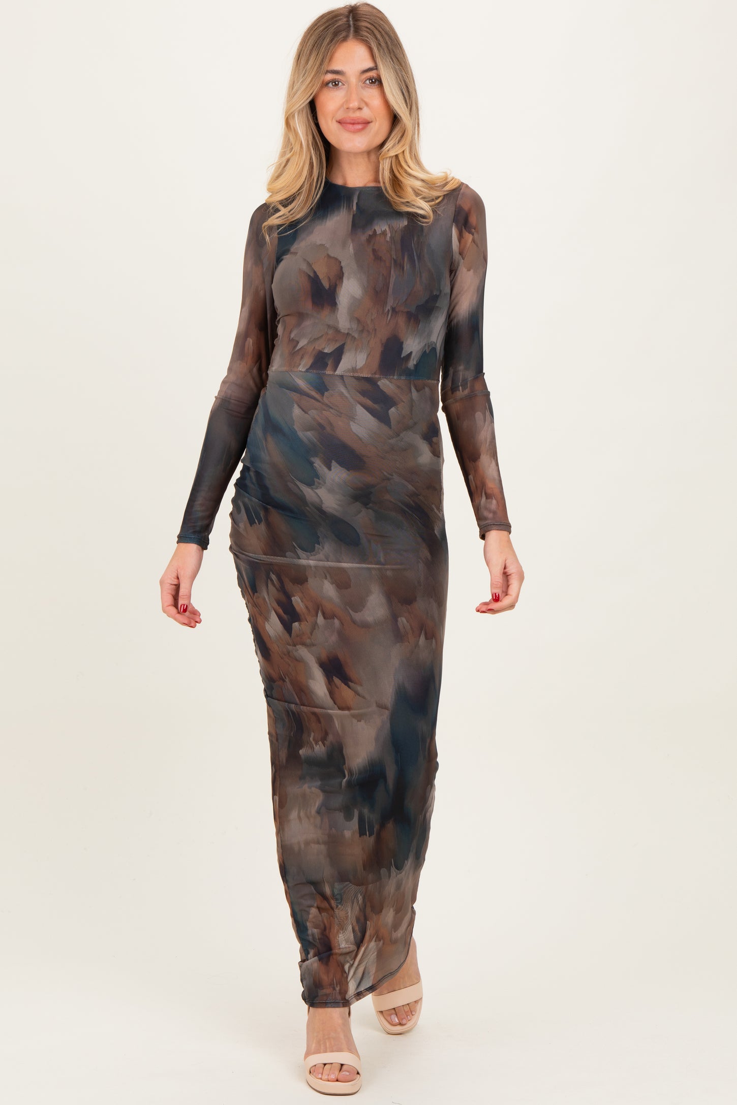 brown maternity maxi dress Brown Lace Smocked Long Sleeve Off Shoulder Maternity Maxi Dress