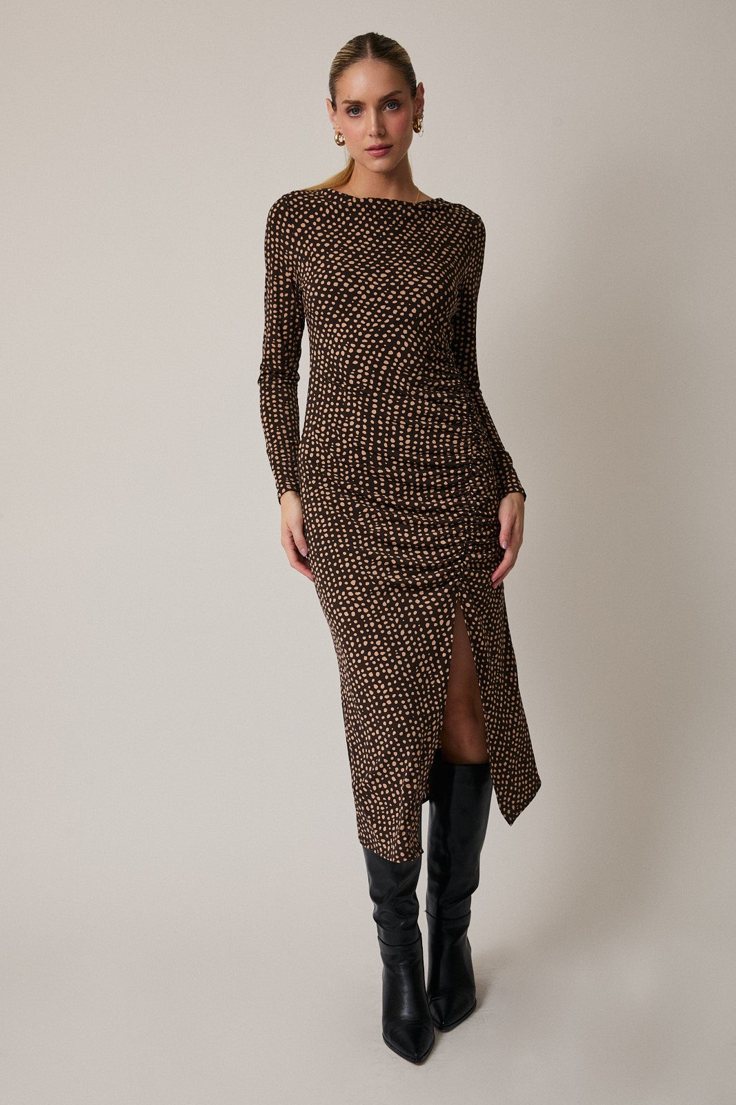 brown side ruched dress Brown Printed Ruched Side Slit Midi Dress