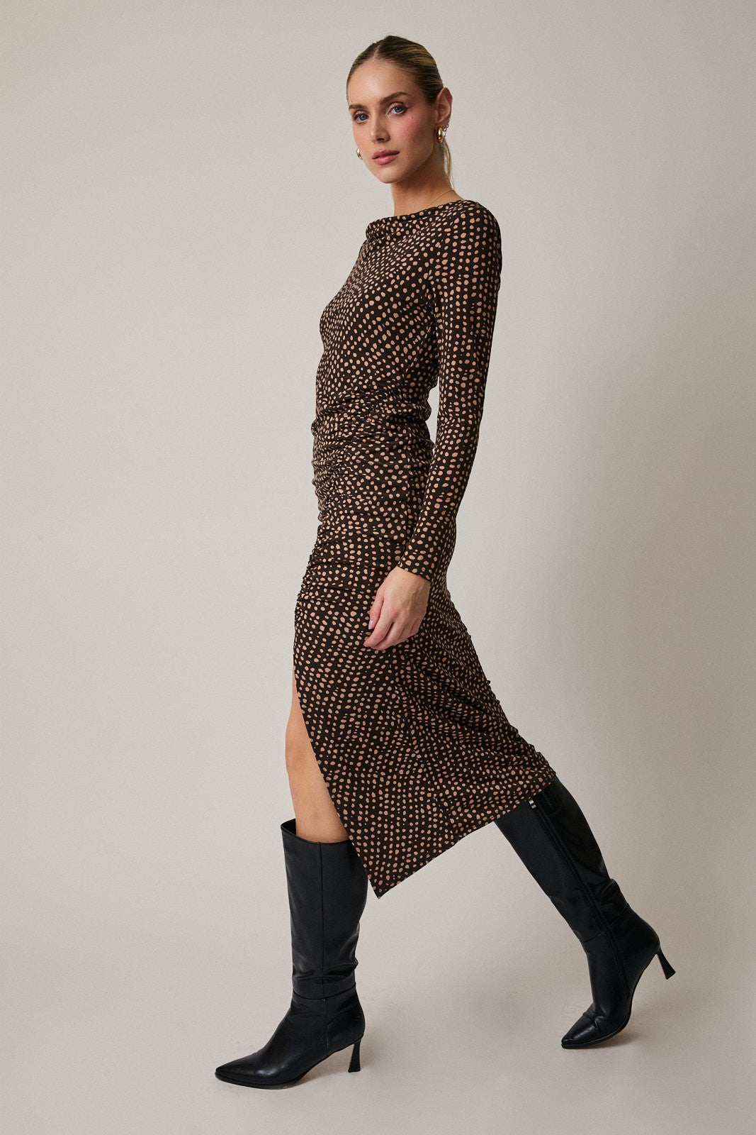 Brown Printed Ruched Side Slit Midi Dress