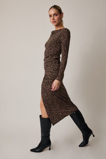 Brown Printed Ruched Side Slit Midi Dress