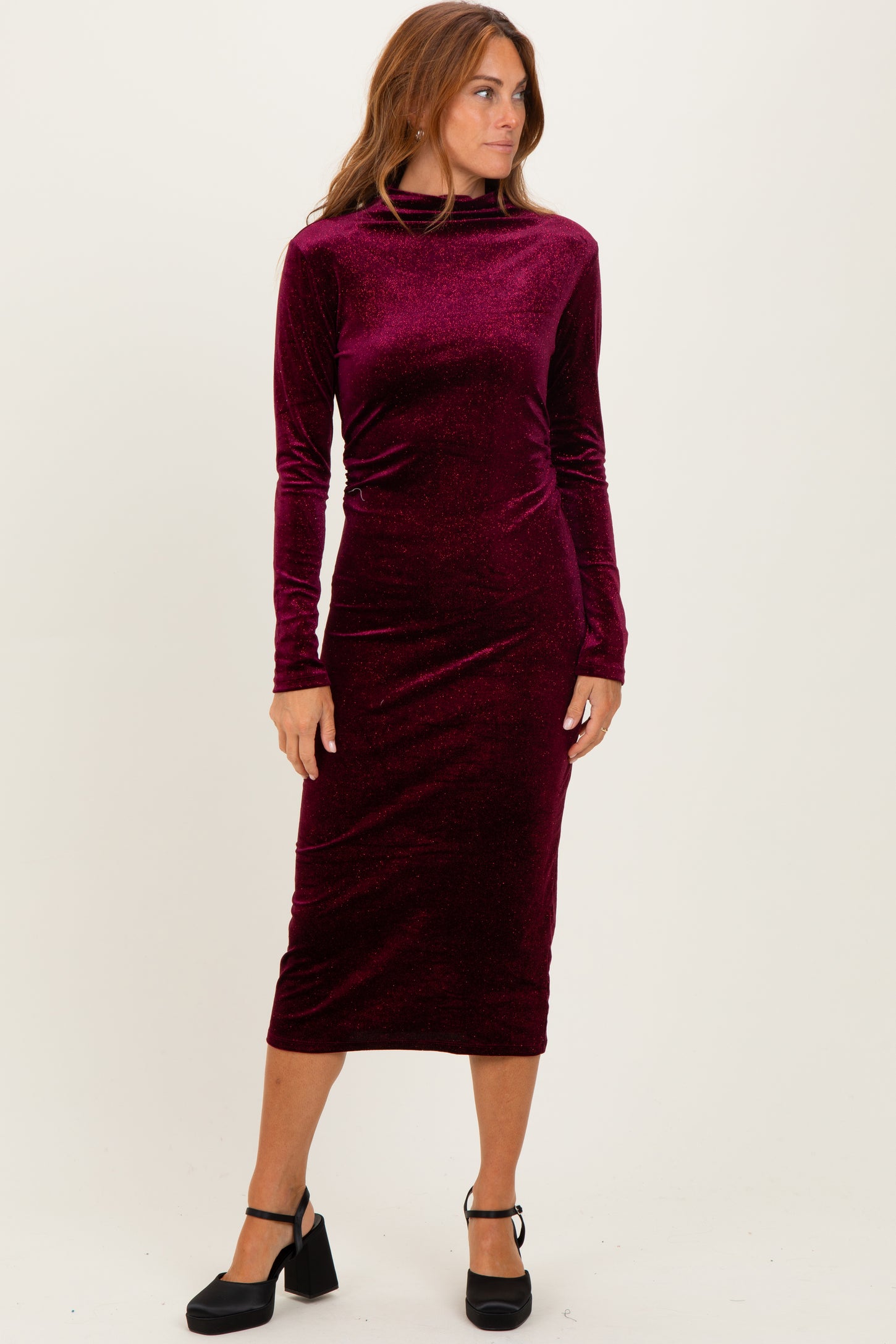 Burgundy Glitter Velvet Ruched Maternity Midi Dress Burgundy Glitter Velvet Ruched Maternity Midi Dress