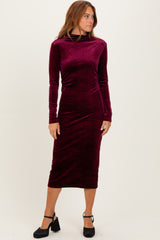 Burgundy Glitter Velvet Ruched Midi Dress