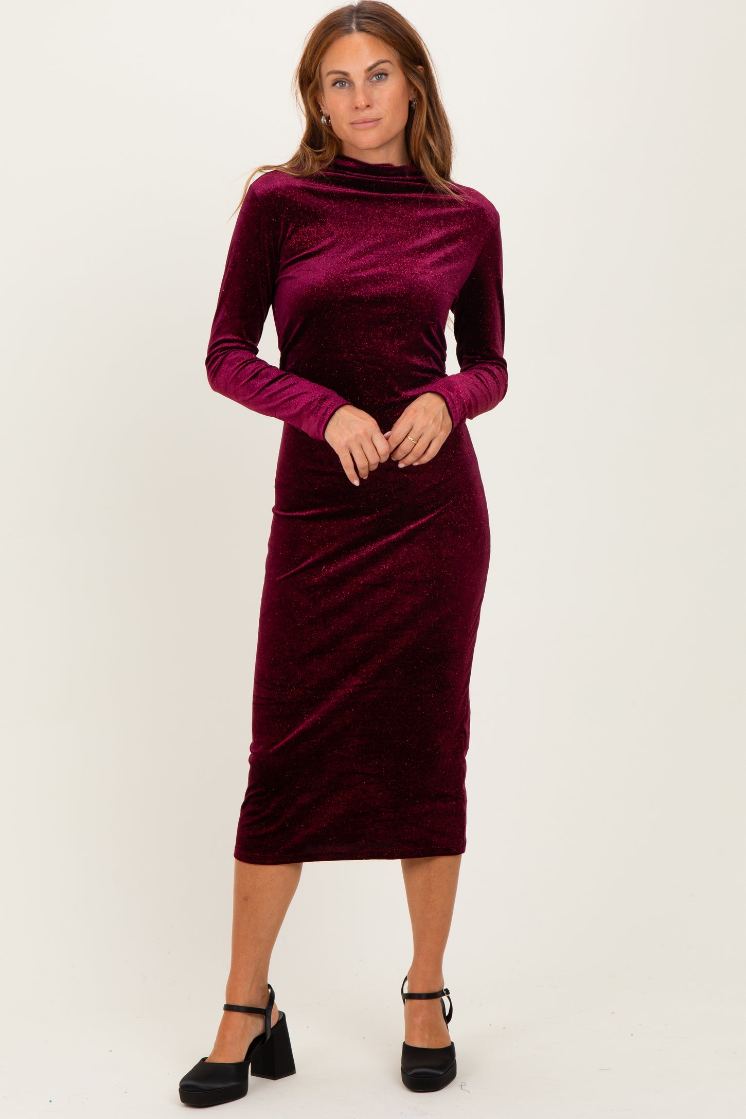 Burgundy Glitter Velvet Ruched Midi Dress Burgundy Glitter Velvet Ruched Midi Dress