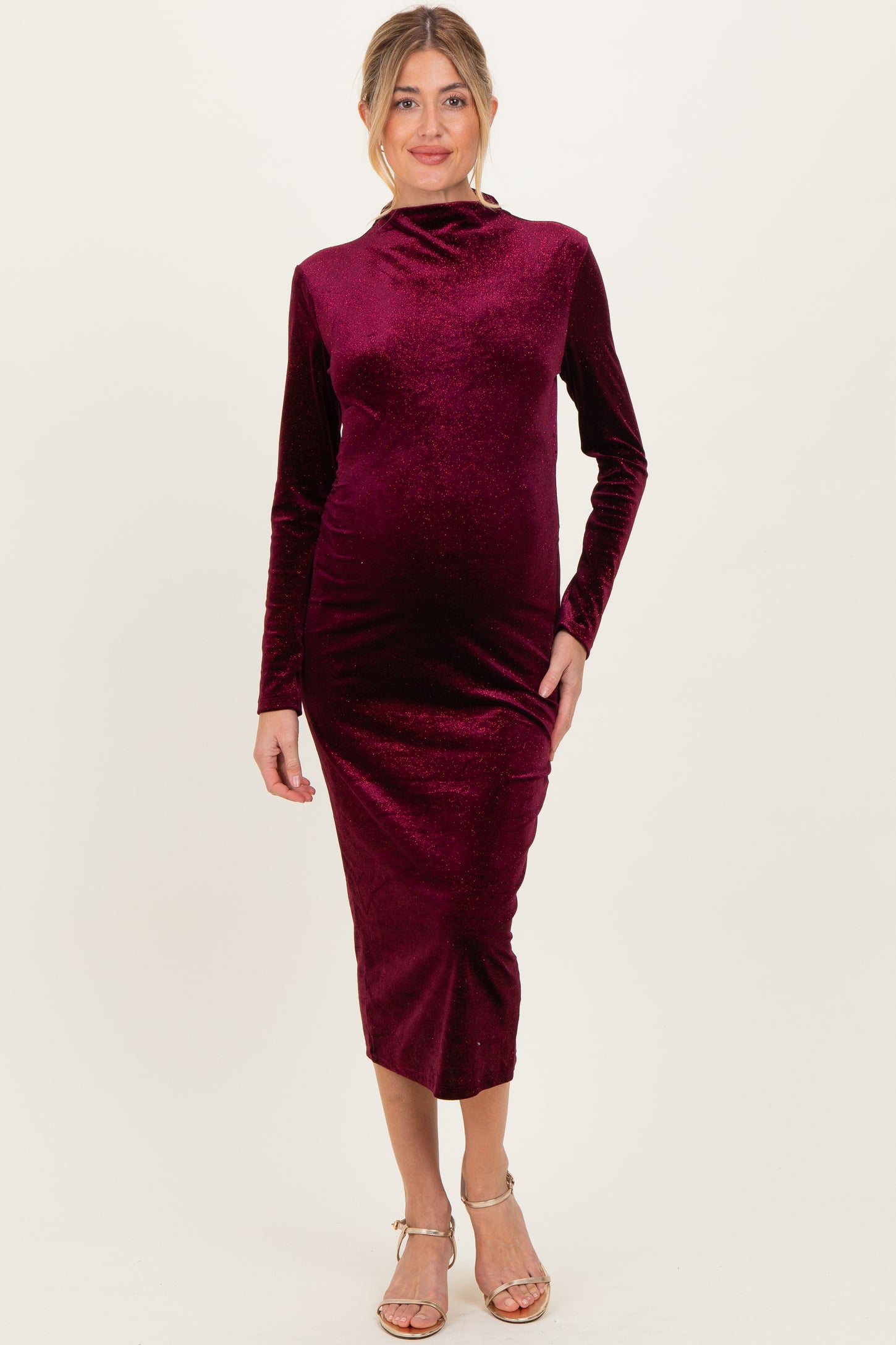 Burgundy Glitter Velvet Ruched Maternity Midi Dress PinkBlush Burgundy Glitter Velvet Ruched Maternity Midi Dress PinkBlush