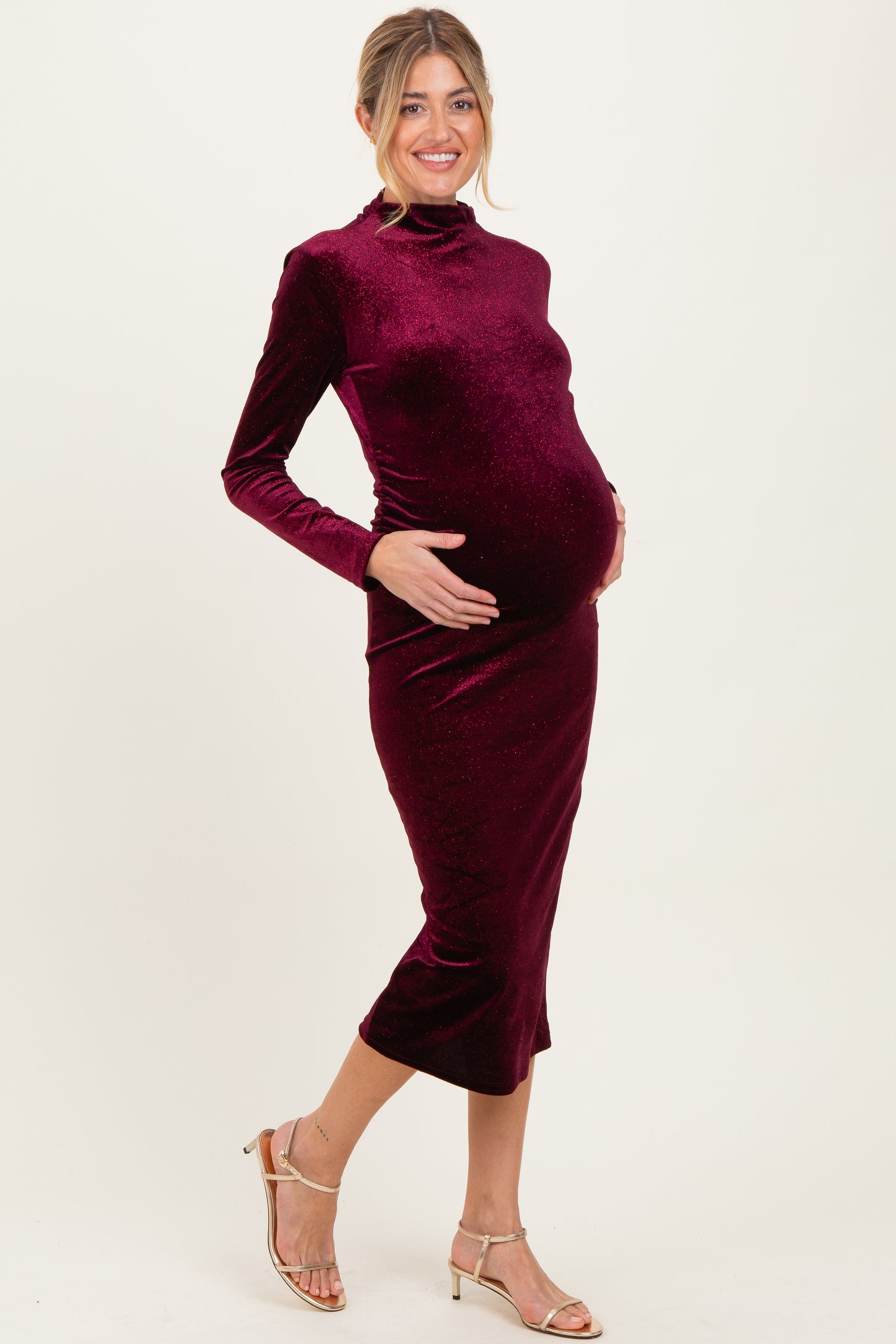 Burgundy Glitter Velvet Ruched Maternity Midi Dress Burgundy Glitter Velvet Ruched Maternity Midi Dress