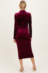 Burgundy Glitter Velvet Ruched Maternity Midi Dress