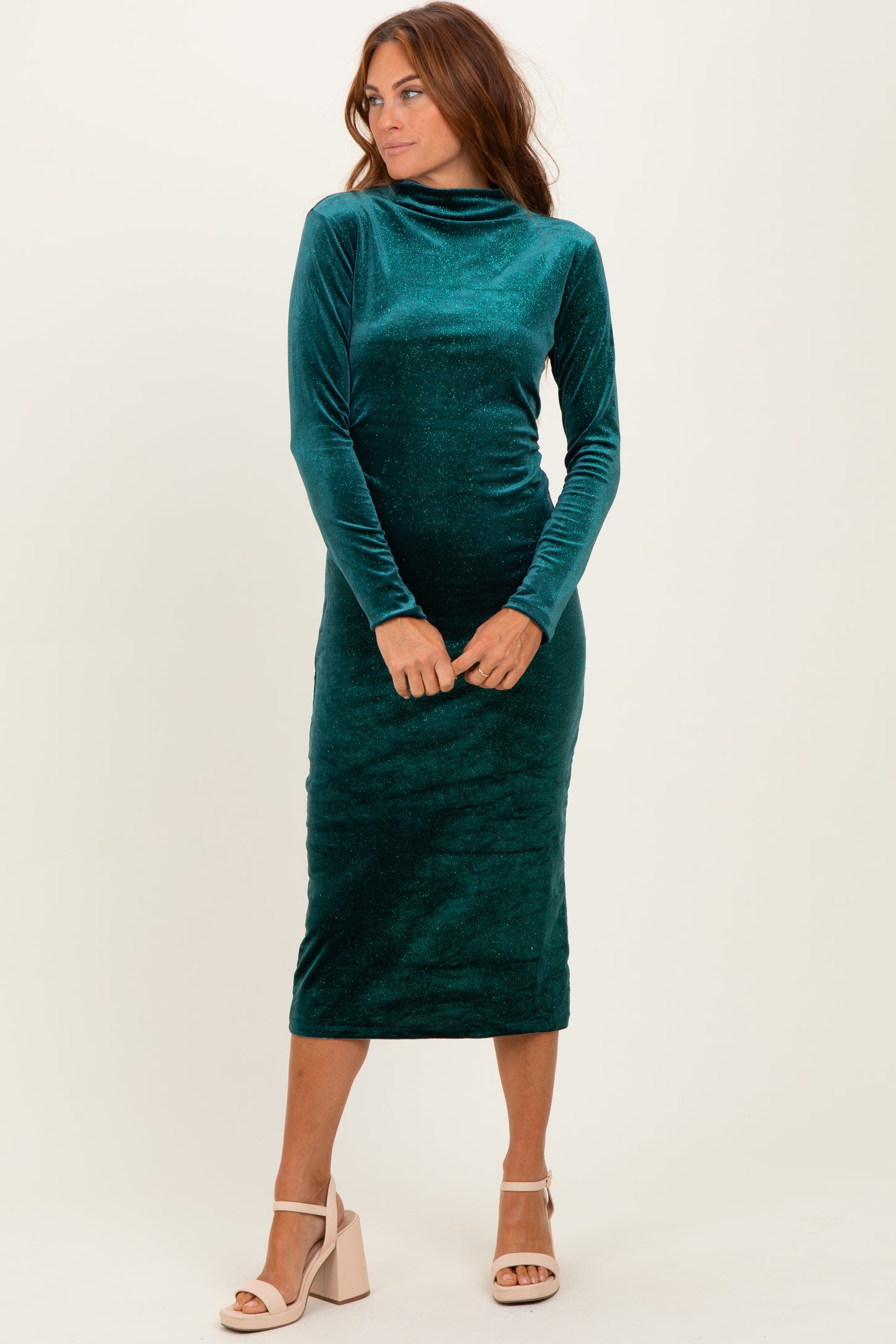 Forest Green Glitter Velvet Ruched Midi Dress Forest Green Glitter Velvet Ruched Midi Dress