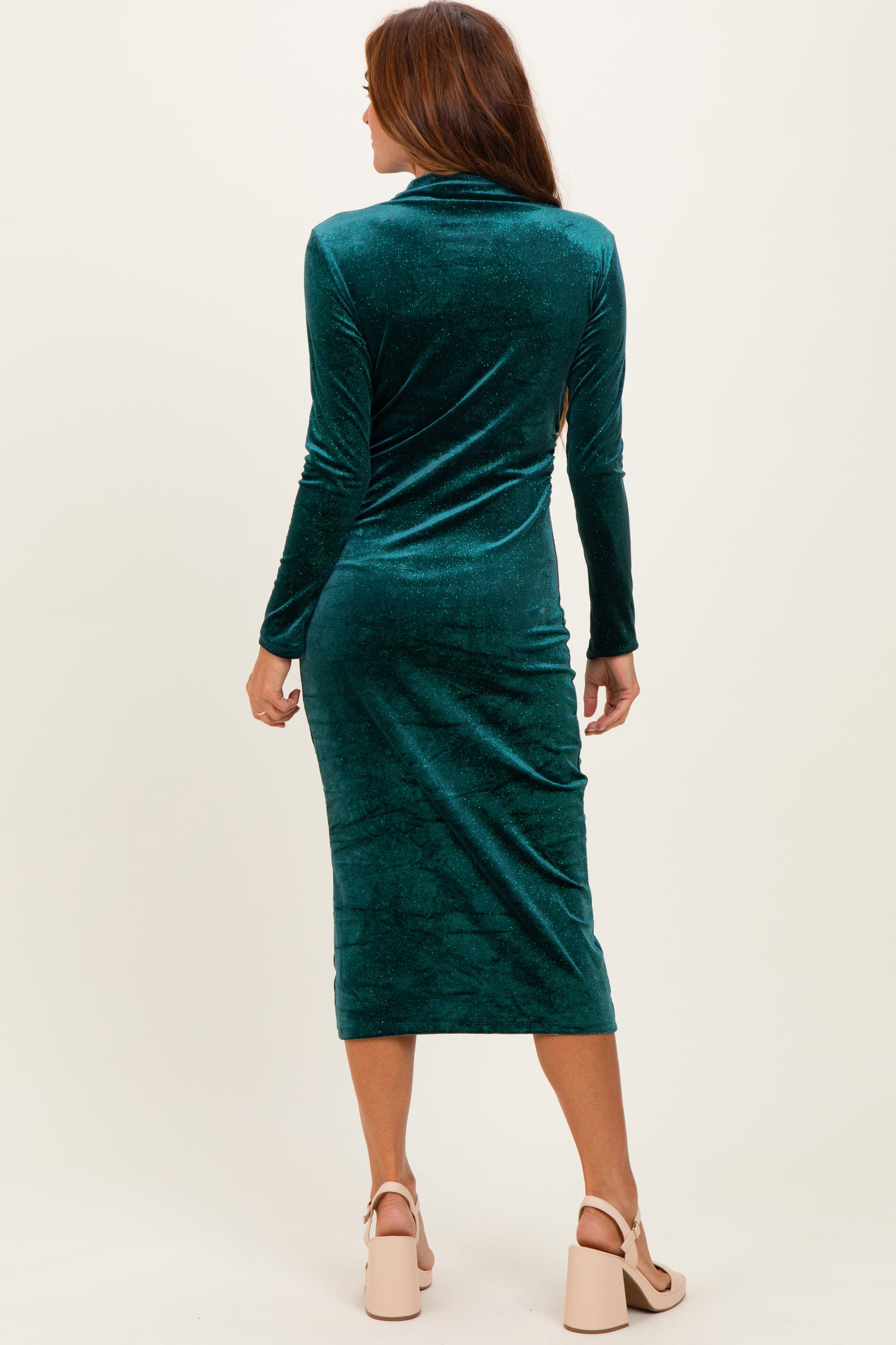 Forest Green Glitter Velvet Ruched Midi Dress Forest Green Glitter Velvet Ruched Midi Dress