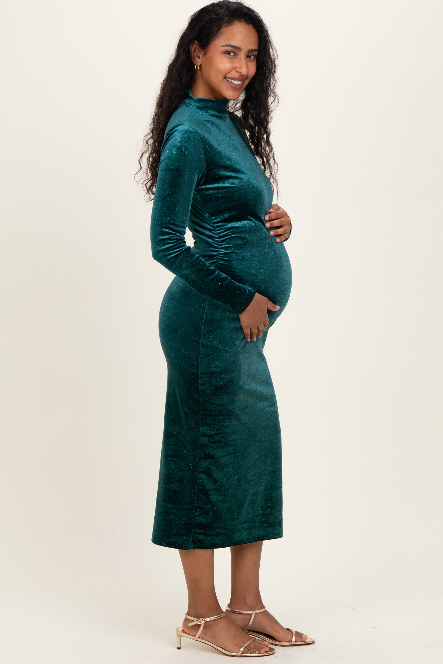 Forest Green Glitter Velvet Ruched Maternity Midi Dress Forest Green Glitter Velvet Ruched Maternity Midi Dress