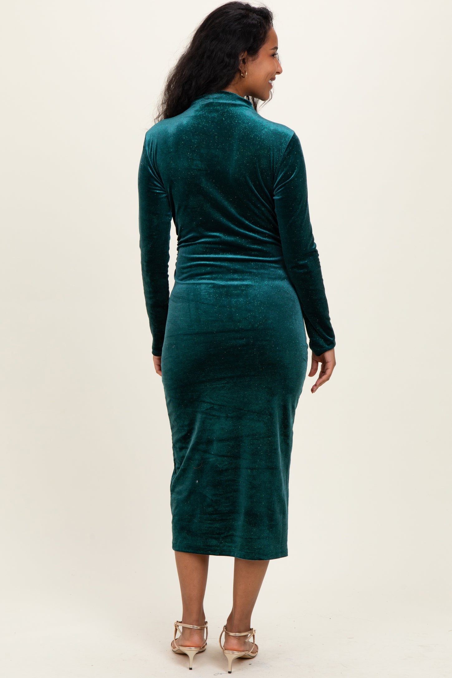 Forest Green Glitter Velvet Ruched Maternity Midi Dress Forest Green Glitter Velvet Ruched Maternity Midi Dress