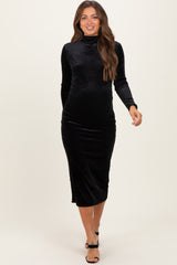 Black Glitter Velvet Ruched Maternity Midi Dress
