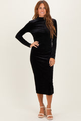 Black Glitter Velvet Ruched Midi Dress