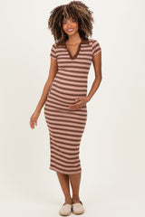 Light Pink Striped Collared Maternity Midi Dress