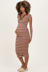 Light Pink Striped Collared Maternity Midi Dress