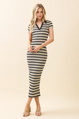 Ivory Striped Collared Maternity Midi Dress