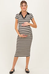 Ivory Striped Collared Maternity Midi Dress