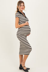 Ivory Striped Collared Maternity Midi Dress