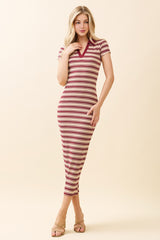 Burgundy Striped Collared Maternity Midi Dress