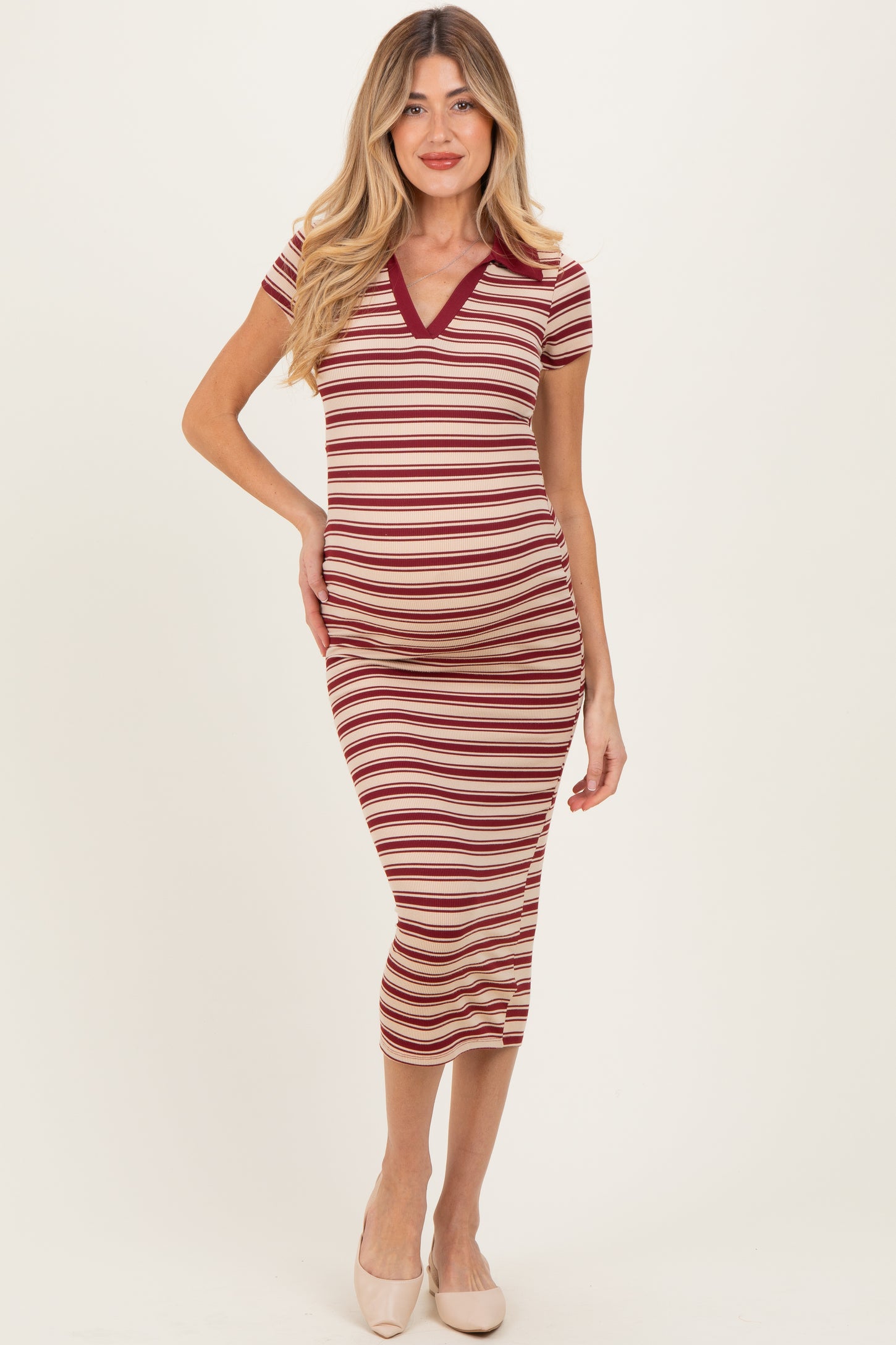 Burgundy Striped Collared Maternity Midi Dress