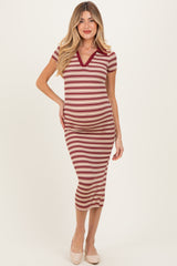 Burgundy Striped Collared Maternity Midi Dress