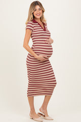 Burgundy Striped Collared Maternity Midi Dress
