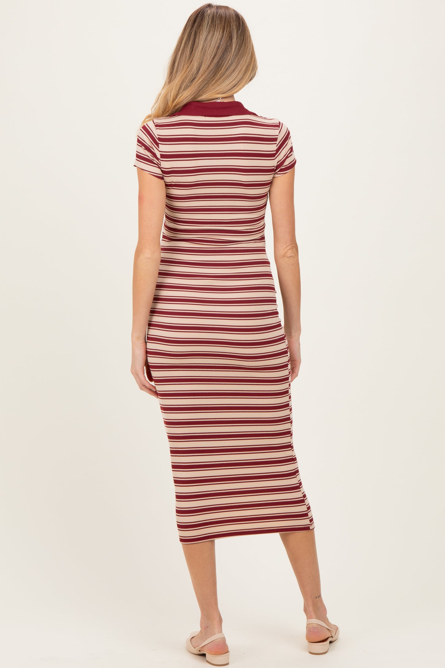Burgundy Striped Collared Maternity Midi Dress