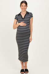 Heather Grey Striped Collared Maternity Midi Dress