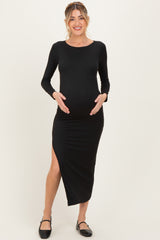 Black Boat Neck Fitted Long Sleeve Side Slit Maternity Maxi
