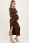 Brown Boat Neck Fitted Long Sleeve Side Slit Maternity Maxi